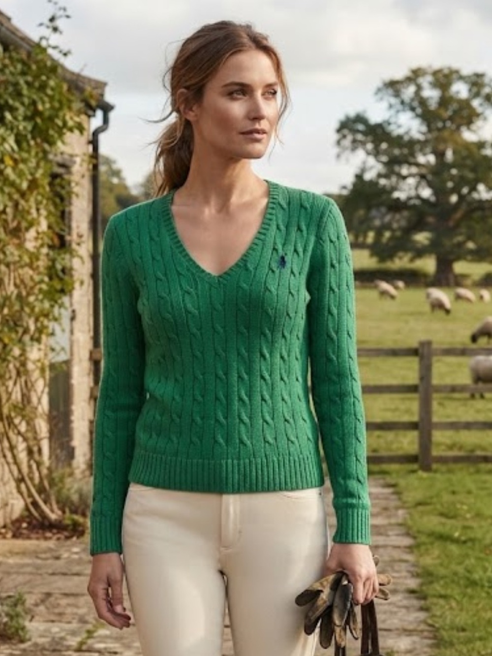 Ralph Lauren Chaps green cable logo v neck sweater
